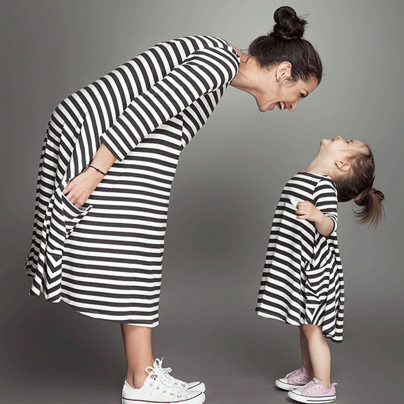 Family Matching Outfits Mom Daughter Cotton Five Colors Available Long Sleeve Pockets Nautical Stripe Dress