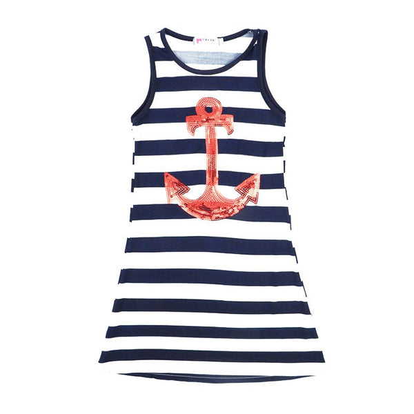 Family Matching Outfits Mom Girls Cotton Sleeveless Stripe Boat Anchor Printed Slim Fit Dress