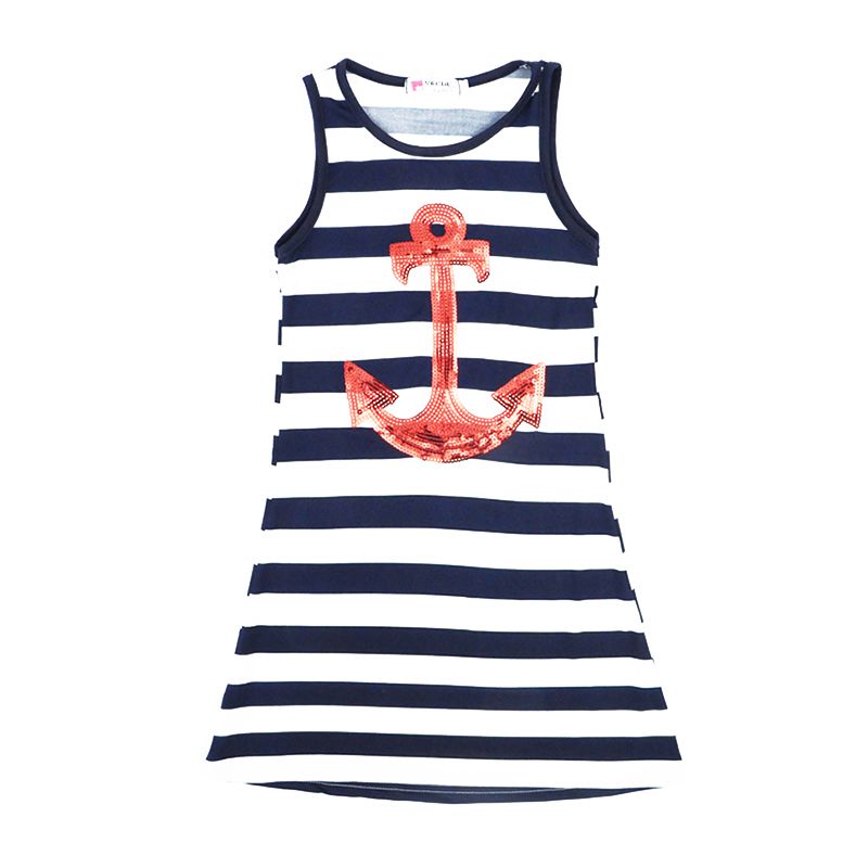 Family Matching Outfits Mom Girls Cotton Sleeveless Stripe Boat Anchor Printed Slim Fit Dress