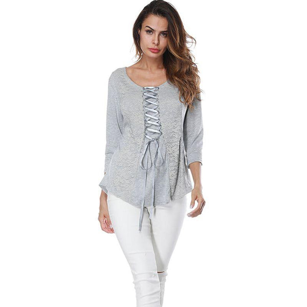 Women Casual Style Three Quarter Sleeves Lace Patchwork Round Neck Bottoming Top