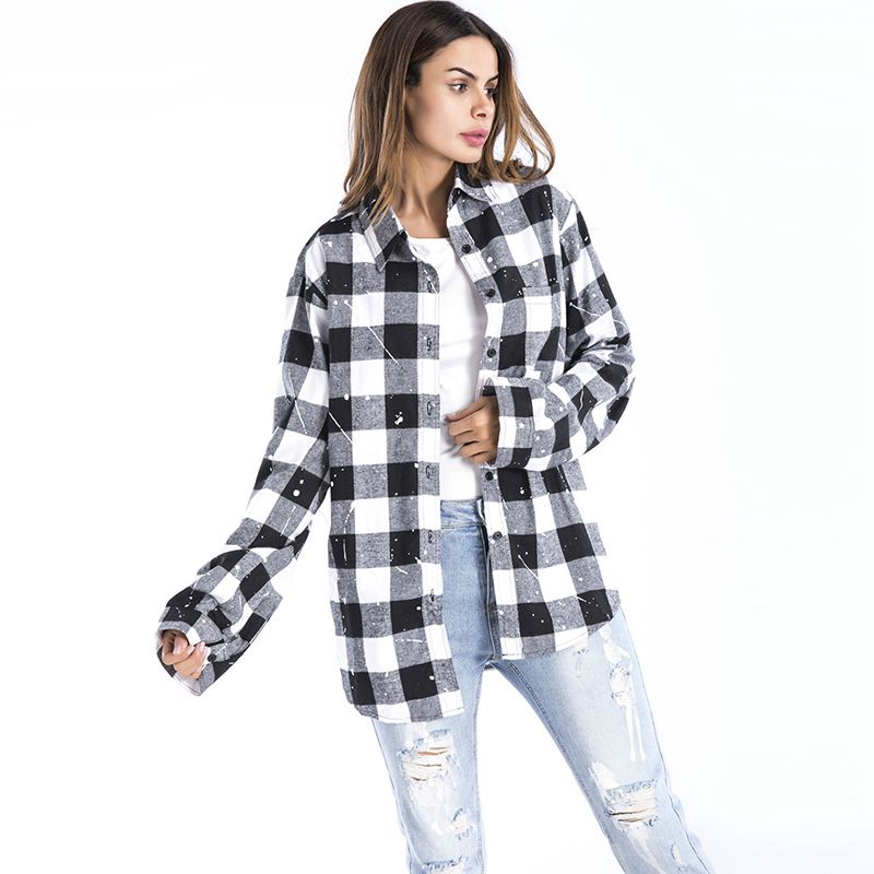 Fashion Women Unisex Classic Checked Pattern Long Sleeves Loose Blouse