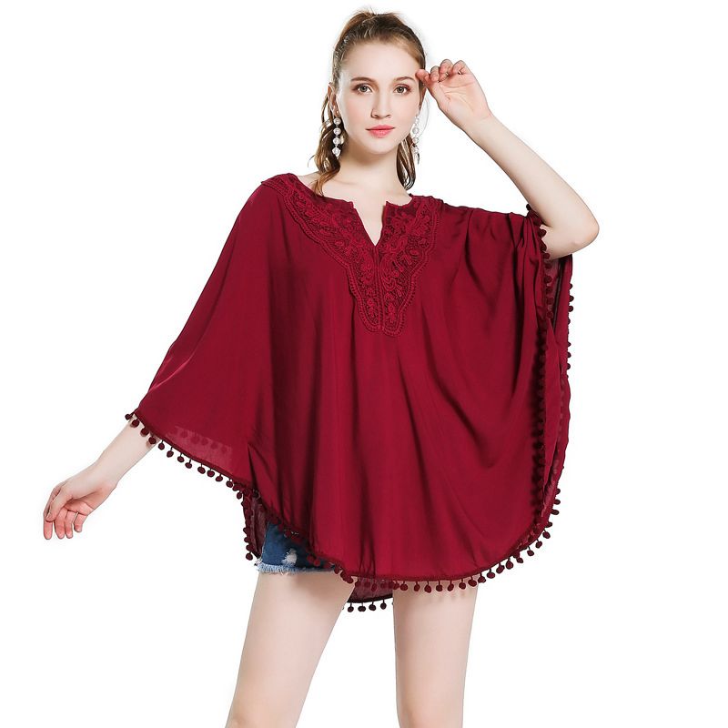 Fashion New Arrival Casual Style Women Solid Color V Neck Embroidered Dolman Sleeve Top