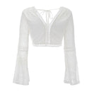 New Arrival Sexy V Neck Sweet Young Women Solid Color Lace Flare Sleeves Crop Top