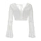 New Arrival Sexy V Neck Sweet Young Women Solid Color Lace Flare Sleeves Crop Top