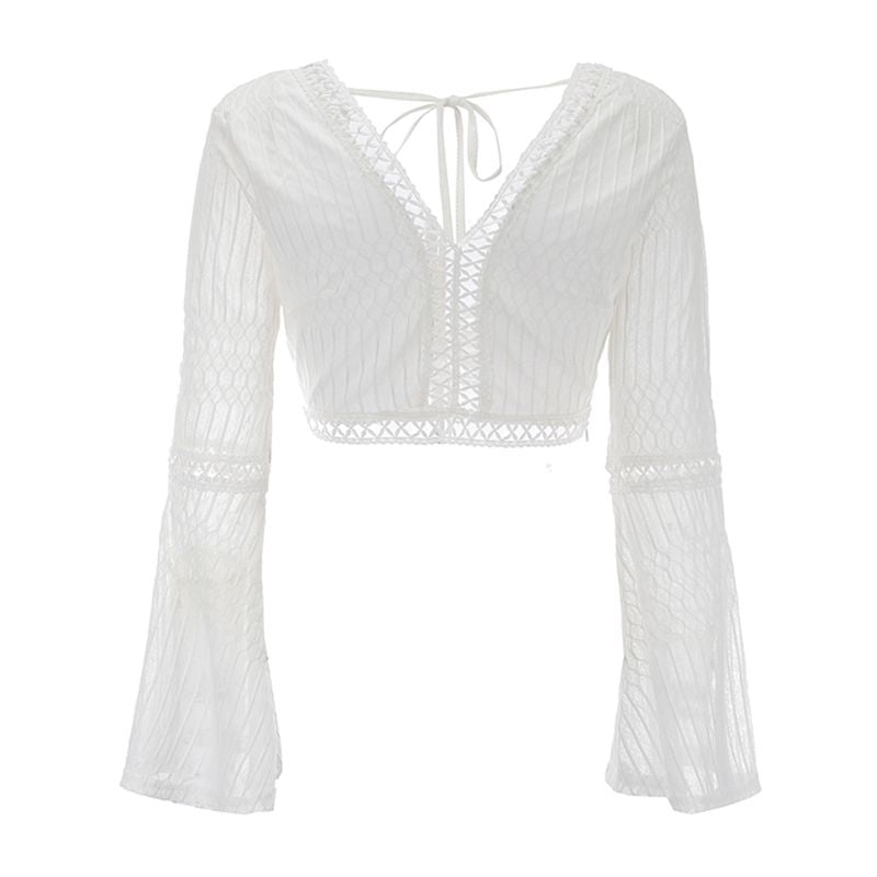 New Arrival Sexy V Neck Sweet Young Women Solid Color Lace Flare Sleeves Crop Top