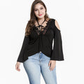 Fashion Lady Sexy Cool Shoulder Design Lace Patchwork  Flare Sleeves Blouse