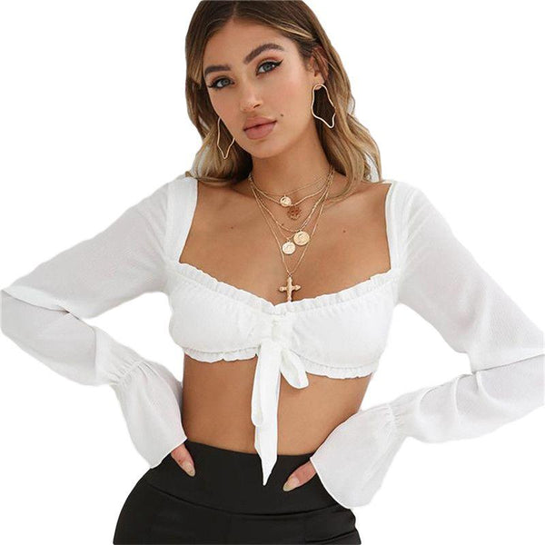 Sexy Lady Club Nightwear Top Solid Color Long Sleeves Lace Up Crop Top