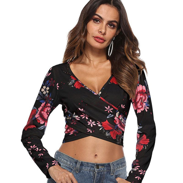Elegant Women Casual Style Classic Floral Print V Neck Long Sleeves Crop Top