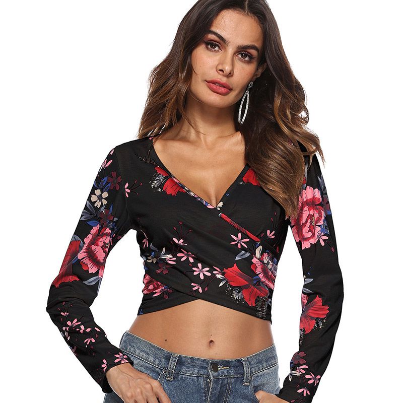 Elegant Women Casual Style Classic Floral Print V Neck Long Sleeves Crop Top