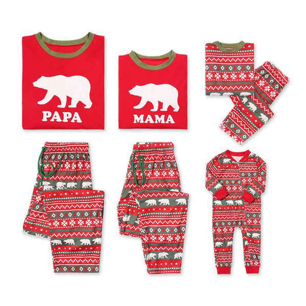 2 Pcs Set Red Cotton Bear Printed Long Sleeves Christmas Matching Family Outfits