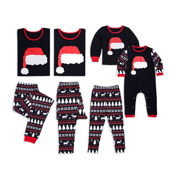 Christmas Pajamas Set Cotton Christmas Hat Printed Long Sleeves Matching Family Outfits