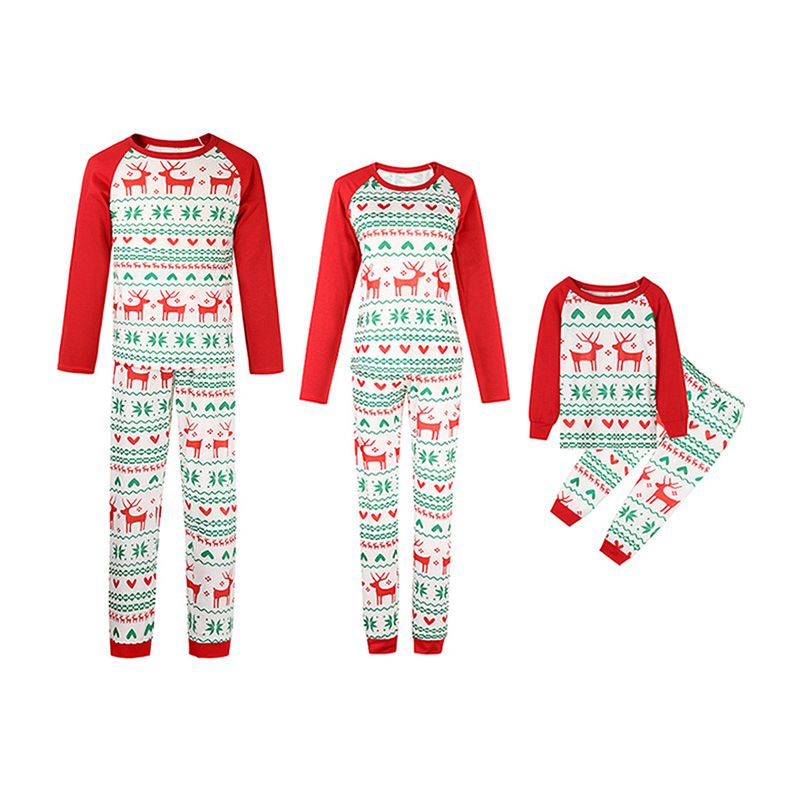 New Arrived Cotton Color Blocking Elk Printed Nightwear Set Christmas Matching Family Outfits