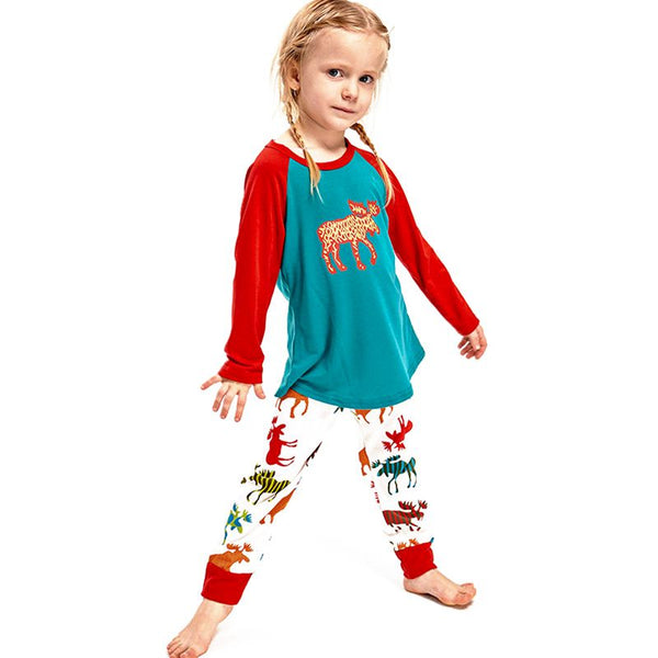 Fashion Style Cotton Long Sleeves Pajamas Set Color Blocking Christmas Elk Printed Matching Family Outfits