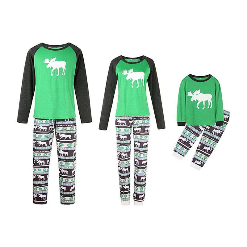 Cute Elk Printed Cotton Pajamas Set Christmas Color Blocking Matching Family Outfits