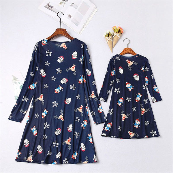 Mom Daughter Matching Family Outfits Long Sleeves Christmas Snowman Printed Dress