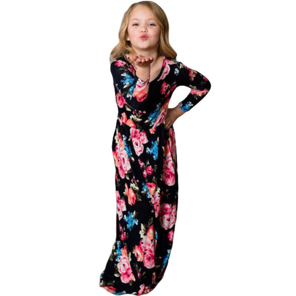 Elegant Style Mom Daughter Matching Family Outfits Bright Flowers Printed Long Sleeves Dress