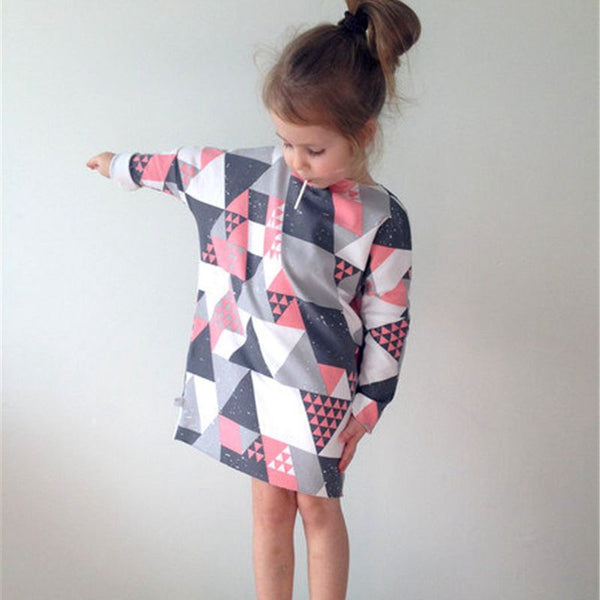 Fashion Style Long Sleeves Geometric Printed Dress Mom Daughter Matching Family Outfits