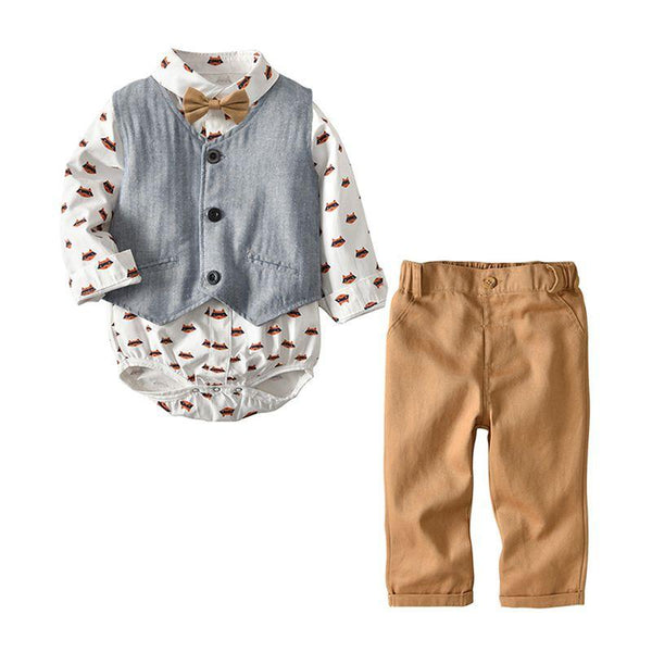 4 Pcs Set Toddler Boys Cotton Printed Long Sleeves Bodysuits And Gray Vest And Khaki Pants With Bow-tie