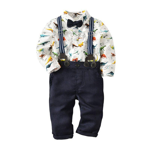 3 Pcs Set Toddler Boy Cotton Dinosaur Printed Long Sleeves Tops And Pants With Suspender