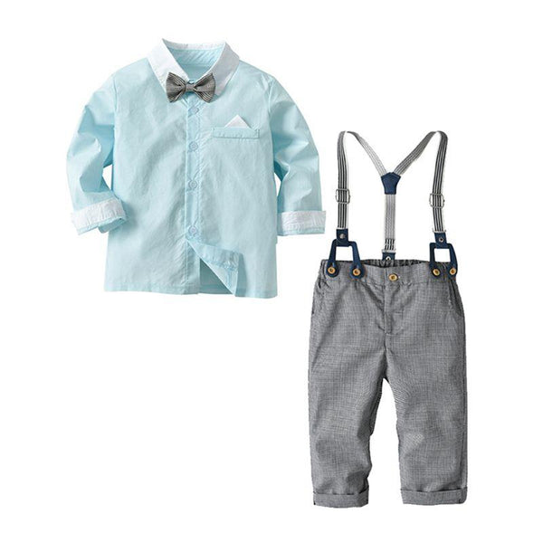 Boys Little Gentlemen Cotton Solid Color Long Sleeves Shirts And Gray Pants With Suspender Set