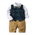 4 Pcs Set Little Gentlemen Cotton White Shirts And Green Plaid Vest And Shorts with bowtie