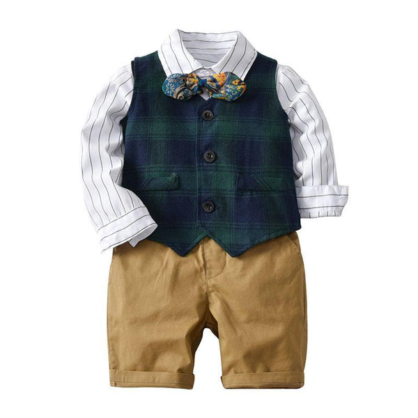 4 Pcs Set Little Gentlemen Cotton White Shirts And Green Plaid Vest And Shorts with bowtie