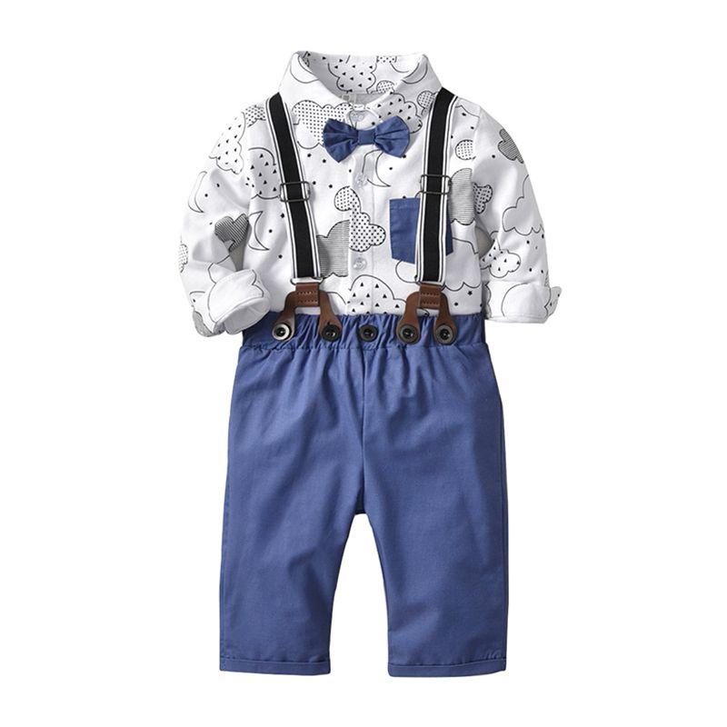 Clothing Set Toddler Boys Cotton Bow-tie Sky Printed Shirts And Navy Blue Pants With Suspender