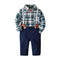 Baby Boys Clothing Set Cotton Vintage Plaid Shirts And Navy Blue Pants With Suspender