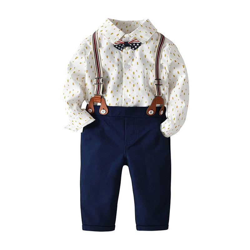 Baby Boys Clothing Set Cotton White Shirts And Navy Blue Pants With Suspender