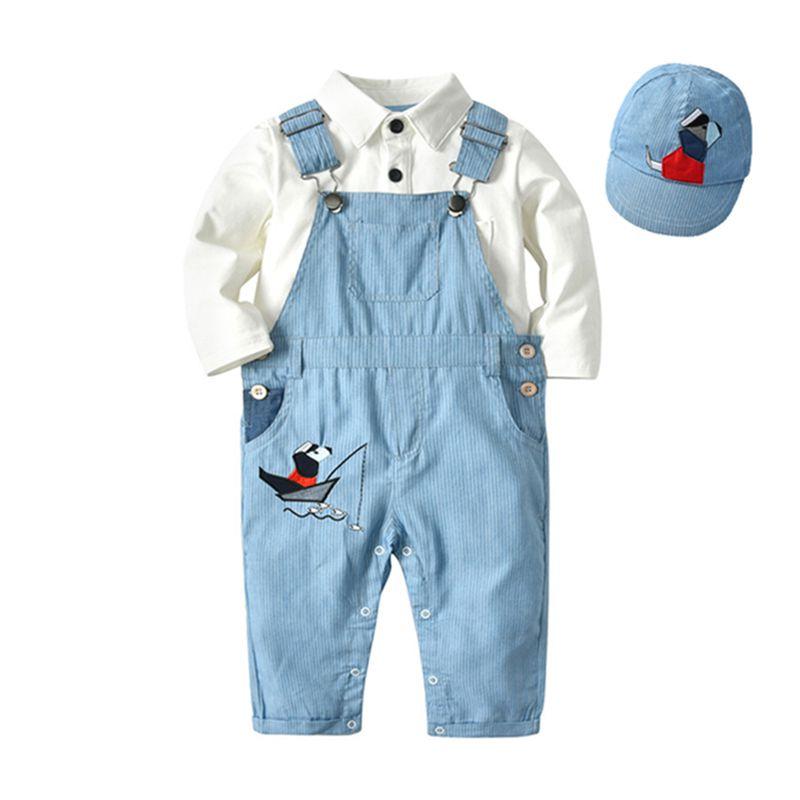 3 Pcs Set Toddler Baby Boys Cotton White T-Shirts And Overalls With Blue Cap