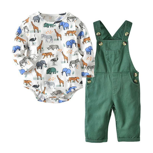 Cute Boys Clothing Set Cotton Long Sleeves Dinosaur Printed Bodysuit And Green Overalls