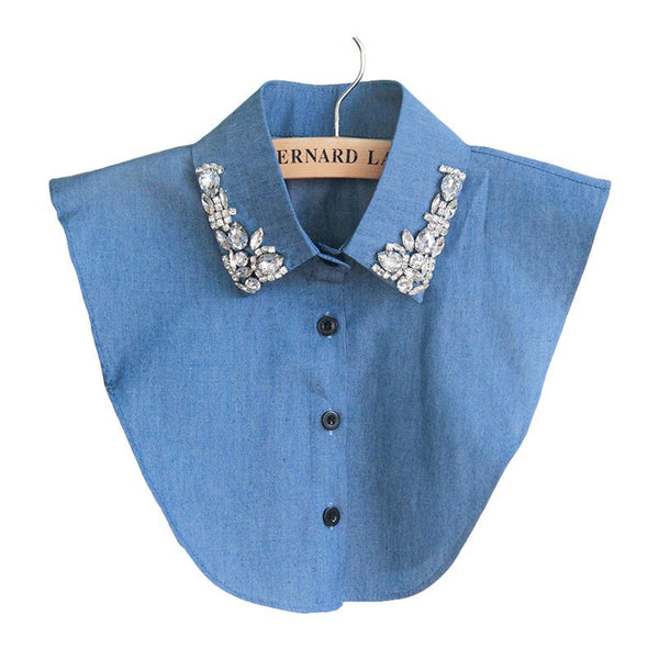 Creative New Design Women Casual Style Shiny Crystal Denim Pattern Detachable Collar