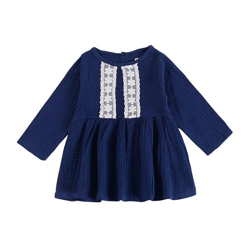 Elegant Girls Cotton Blue Lace Design Long Sleeves Simple Style Dress