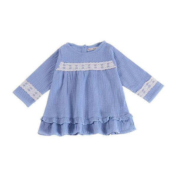 Fresh Style Girls Cotton Blue Lace Design Long Sleeves Elegant Dress