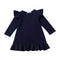 New Arrived Lovely Girls Cotton Blue Ruffle Long Sleeves Pleated Dress