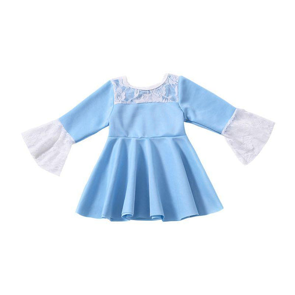 Hot Sale Pretty Girls Cotton Backless Bowknot Lace Flare Sleeves Dress