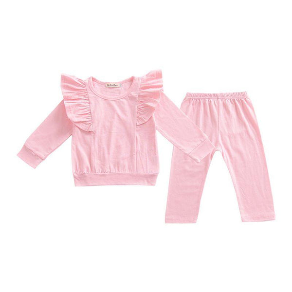 2 Pcs Set Girls Cotton Pink Blank Ruffle Long Sleeves Tops And Slim Pants