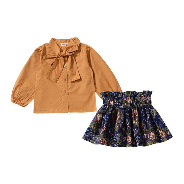 2 Pcs Set Pretty Girls Bowknot Long Sleeves Tops And Floral Printed Shirt