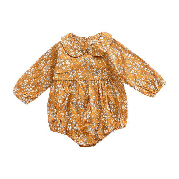 Baby Girls Cotton Yellow Floral Printed Long Sleeves Bodysuit