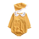 2 Pcs Set Cute Girls Cotton Solid Color Peter Pan Collar Long Sleeves Bodysuit And Hat