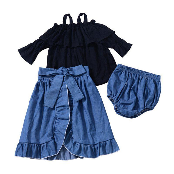 3 Pcs Set Toddler Girls Cotton Off-shoulder Long Sleeves Tops And Lace Skirts And Cute Shorts
