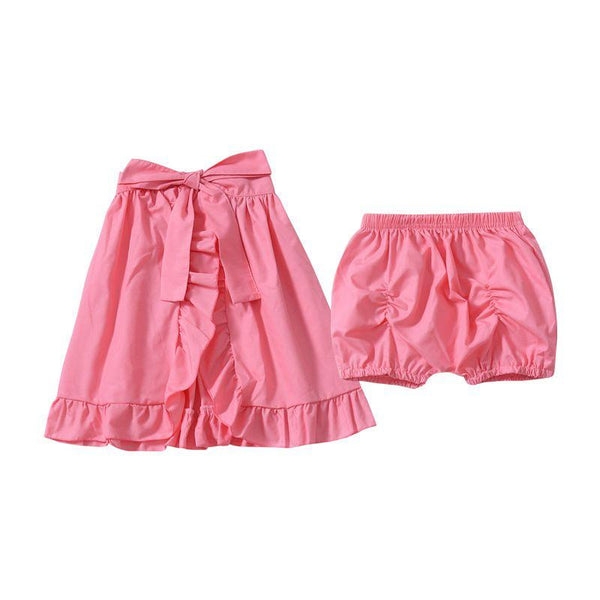 2 Pcs Set Toddler Girls Cotton Fashion Bowknot Skirts And Solid Color Shorts