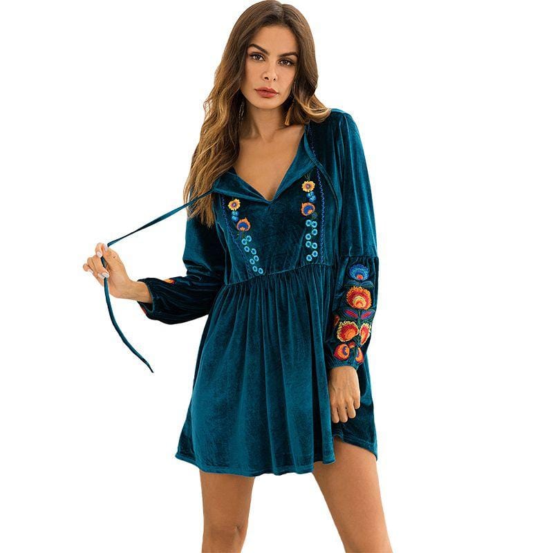 Women Retro Style Luxury Handmade Flower Embroidered Deep V Neck Dress