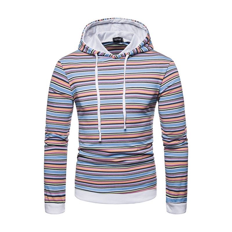 Hot Sale Men Cotton Multicolor Stripes Printed Long Sleeves Casual Hoodies