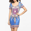 Fashion Bright Color Ethnic Print Women Round Neckline Short Sleeves Pencil Skirt