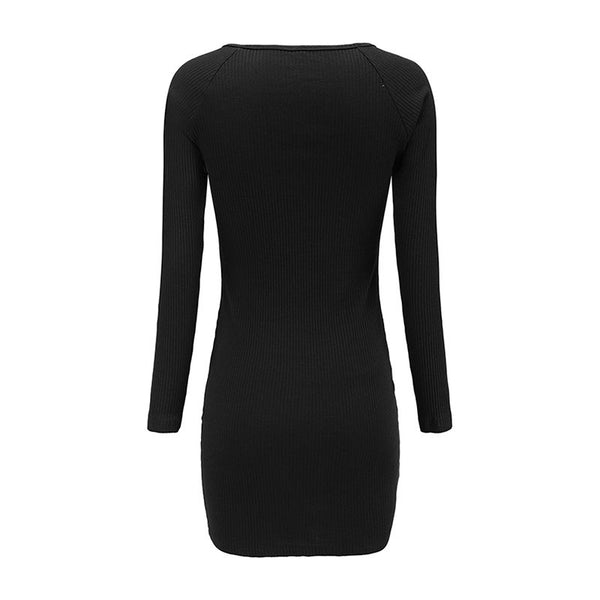 Hot Sale Women Solid Color V Neck Long Sleeves Tight Knitting Dress