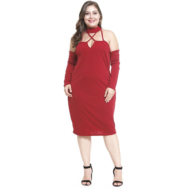 Fashion Women Sexy Cool-shoulder Pattern Solid Color Tight Halter Dress