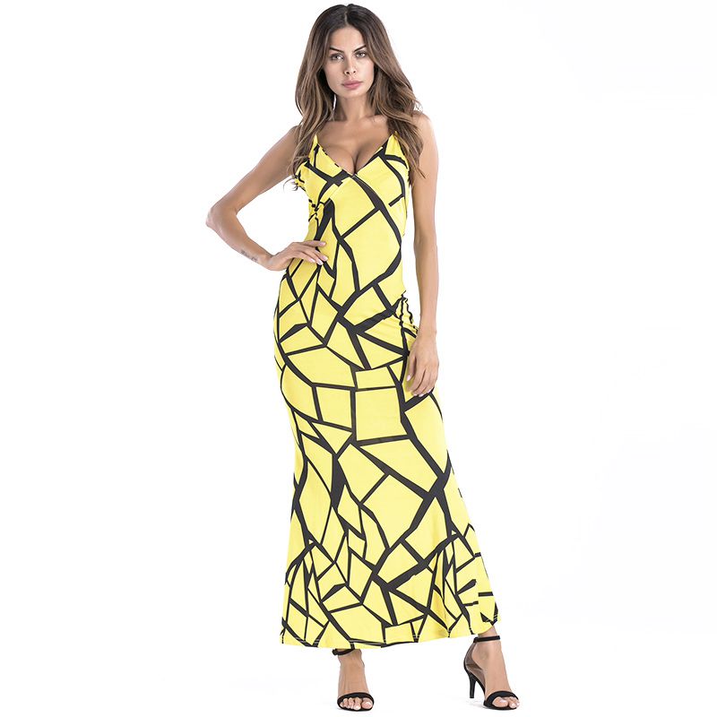 Fat Women Irregular Geometric Print Tight Slimming Pattern Summer Beach Slip Dress