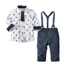 New Arrived Handsome Boys Cotton Printed Long Sleeves Shirts And Stripes Pants Set With Suspender