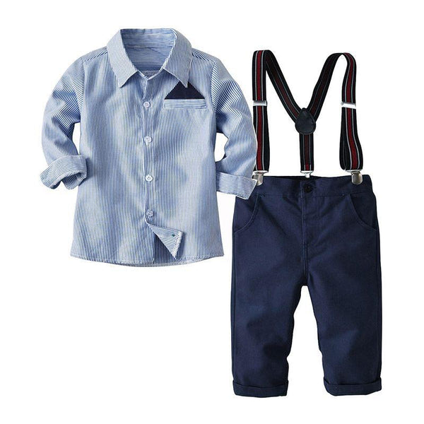 Little Gentlemen Boys Cotton Blue Stripes Printed Shirts And Navy Blue Pants Set With Suspender